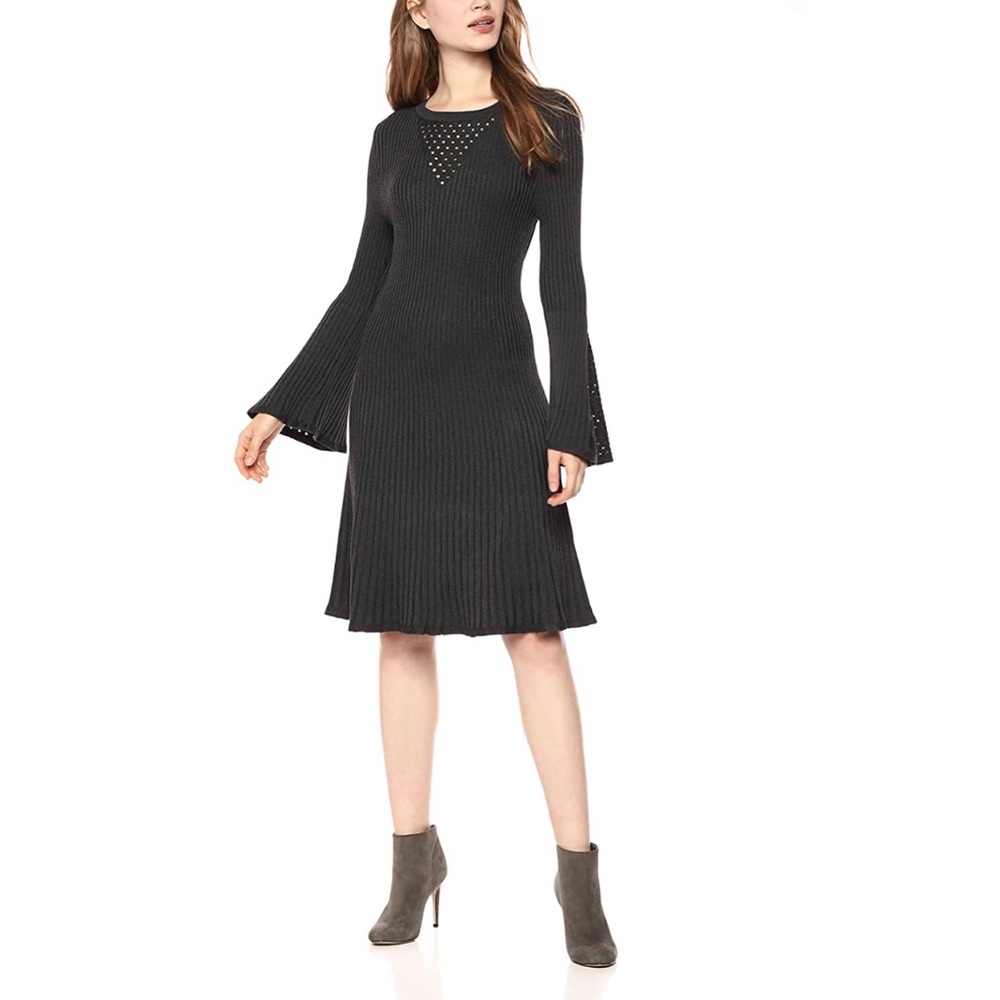 Taylor Pointelle Knit Bell Sleeve Ribbed Sweater A Line Midi Dress Dark Gray NWT